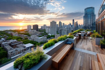 Fototapeta premium Sunrise Over City Skyline from Rooftop Deck