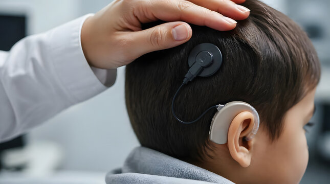 Doctor Examines Childs Cochlear Implant for Hearing Restoration and Medical Care