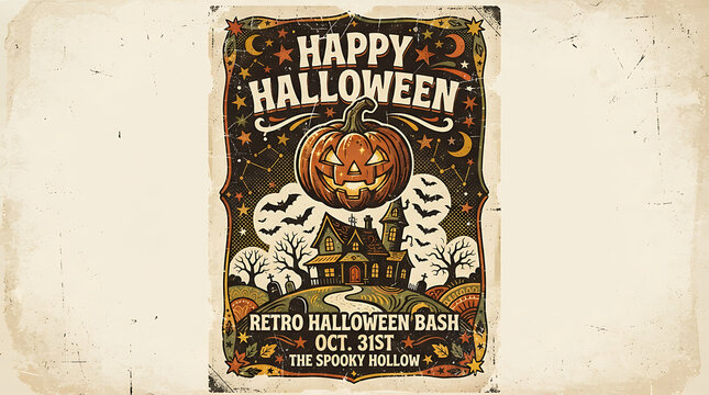 Retro happy halloween bash poster design with pumpkin and haunted house