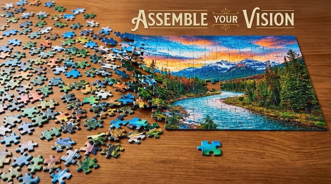 Assembling a vibrant landscape jigsaw puzzle on a wooden table, creating a beautiful mountain scene