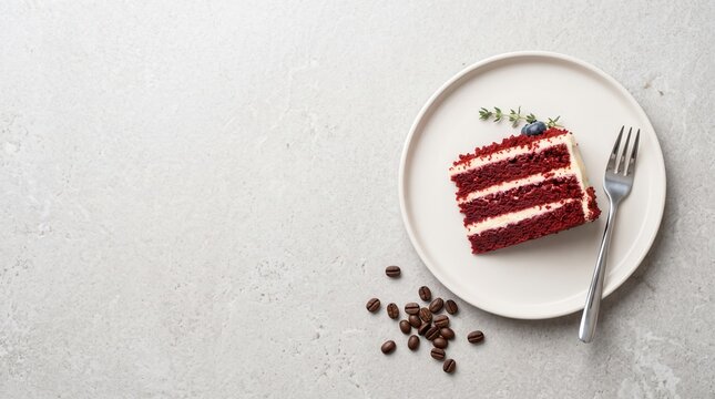 Single slice of red velvet cake with white cream layers topped with a fresh blueberry and thyme sprig on a round white plate with a silver fork and scattered roasted coffee beans on gray stone