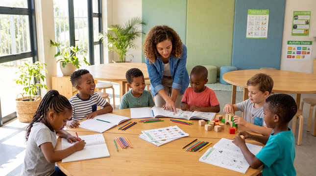 Ni&ntilde;os de infantil y primaria aprendiendo juntos en un aula luminosa, realizando actividades educativas mientras una profesora les acompa&ntilde;a.