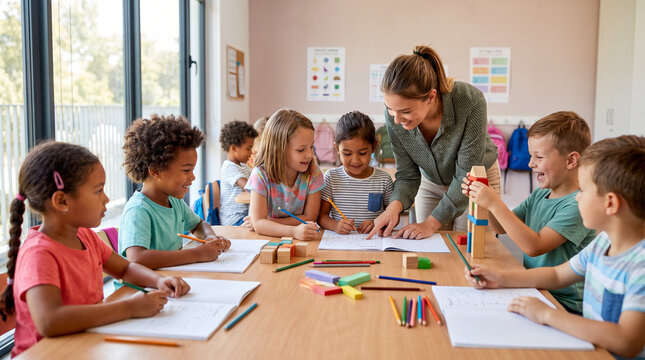 Ni&ntilde;os de infantil y primaria aprendiendo juntos en un aula luminosa, realizando actividades educativas mientras una profesora les acompa&ntilde;a.