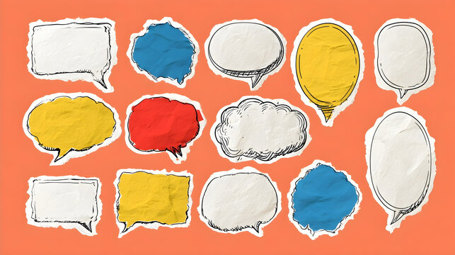 Hand drawn pen ink speech bubbles on crumpled paper cutouts, blank chat balloon doodles. Grunge dialog balloons on colored torn paper pieces, cut out comic cloud bubble sketches for collage vector