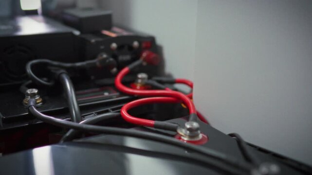 A smooth camera movement showcases a fully assembled backup power system an inverter connected to a battery, with red and black power cables attached to the terminals. Solar energy storage concept