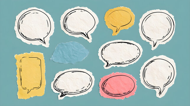Hand drawn pen ink speech bubbles on crumpled paper cutouts, blank chat balloon doodles. Grunge dialog balloons on colored torn paper pieces, cut out comic cloud bubble sketches for collage vector