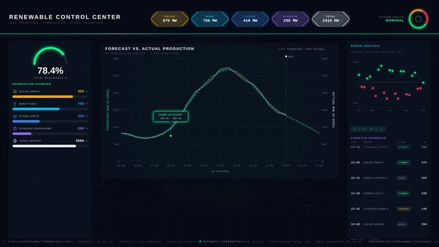 Explore a dark-mode renewable energy control center displaying real-time forecast vs actual production metrics, with vibrant graphs and animated status indicators for dynamic monitoring.