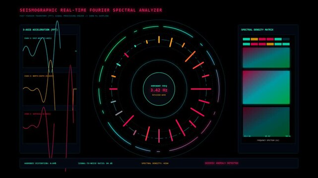 Futuristic Digital Seismographic Real Time Fourier Spectral Analyzer HUD Display Interface Graphic