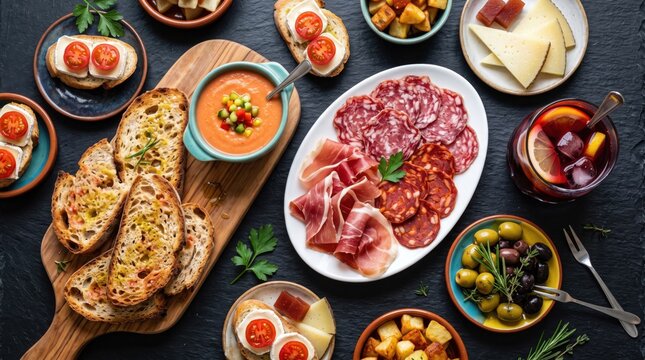 Spanish tapas charcuterie board with sliced cured meats toasted bread olive oil dip manchego cheese olives and sangria on a dark slate background