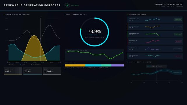 Explore a detailed renewable generation forecasting dashboard featuring solar, wind, and grid demand metrics in a cinematic dark-mode design with dynamic animations.