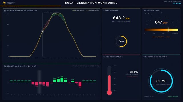 Experience a sophisticated solar generation monitoring platform showcasing real-time output and forecast variance on a sleek dark-mode dashboard with engaging animations and visualizations.