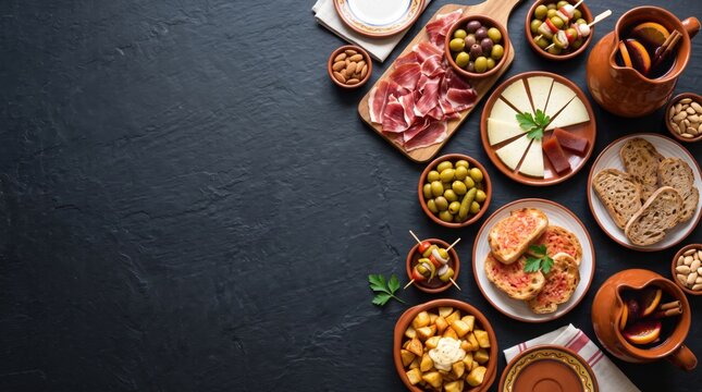 Spanish tapas banquet with jamon serrano manchego cheese olives patatas bravas and sangria served on a dark textured slate background from an overhead view