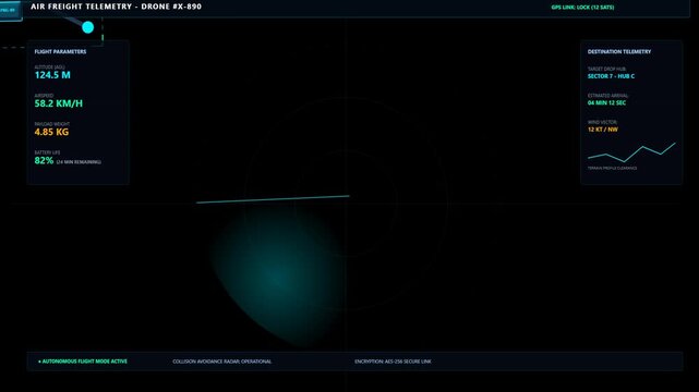 Futuristic Drone Cargo Delivery Telemetry Interface Display with Real Time Radar Navigation Data