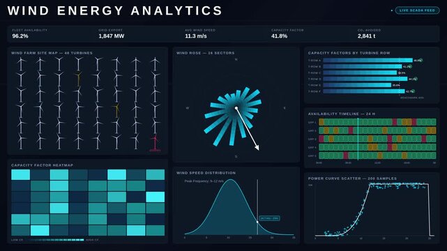Explore a sophisticated dark-mode wind energy analytics dashboard showcasing turbine output, availability, and capacity factors with dynamic visual elements and real-time metrics.