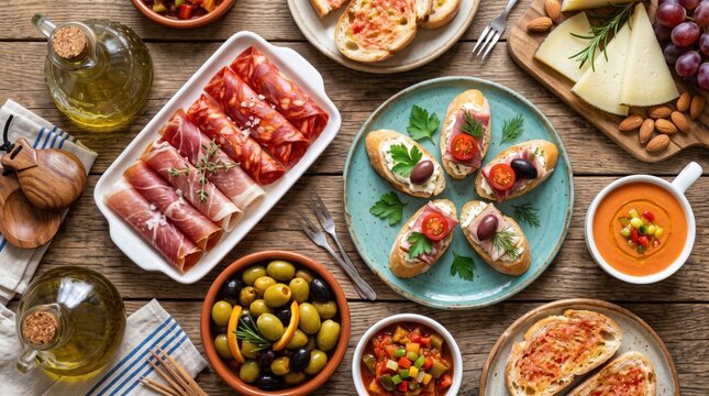 Spanish tapas feast with cured ham chorizo slices bruschetta olives manchego cheese and gazpacho soup on a rustic wooden table view