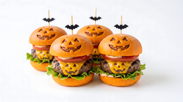 Halloween mini sliders with Jack-o'-lantern face cheese and orange buns