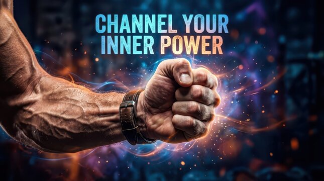 Close-up of a muscular arm clenching a fist with glowing energy, symbolizing inner power and