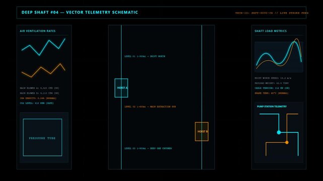Futuristic Underground Mining Facility Telemetry HUD Interface Screen Design Motion Graphics Display