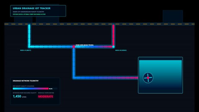 Urban Drainage IoT Tracker Digital Dashboard Interface Showing Real Time Infrastructure Flow Monitoring