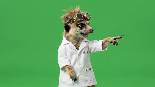 Funny meerkat scientist in lab coat and goggles against green background
