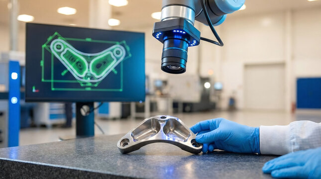 Machine vision quality control inspection of a metal part with CAD display   