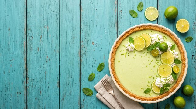 Whole key lime pie topped with whipped cream and fresh lime slices on a rustic turquoise wooden table with scattered mint leaves and a silver fork on a linen napkin