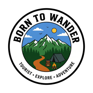 Circular adventure emblem with a mountain peak, evergreen forest, and a camping site. Outdoor tourism badge with a tent, campfire, and text elements.