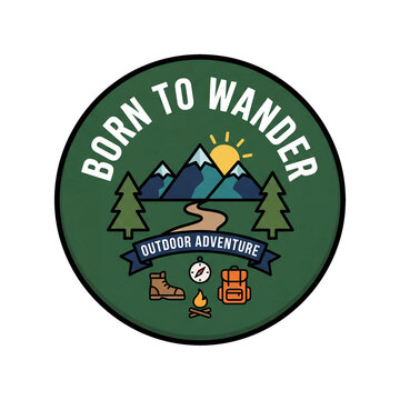 Mountain trail with a boot, compass, backpack, campfire, and text BORN TO WANDER. Circular green emblem for outdoor adventure, hiking, and summer camping.
