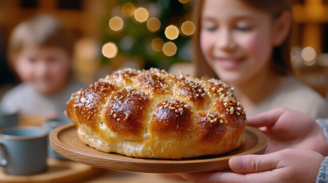 Rosca de reyes sweet braided bread on wooden plate being served to smiling child for epiphany celebration and family gathering background