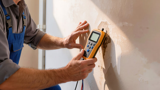 Tradesperson using a handheld moisture meter against damaged plaster wall, exposing peeling surface and measuring dampness during interior building maintenance