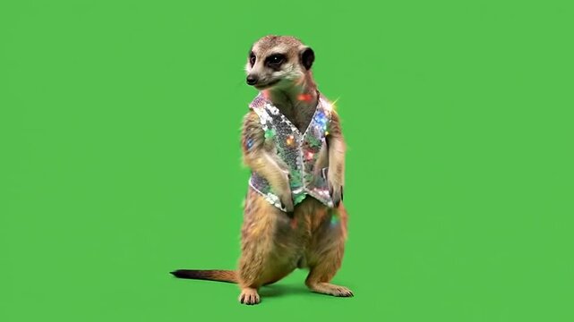 Meerkat dancing in sequin vest on green screen