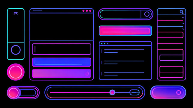Modern minimalist flat outline web UI elements, buttons, sliders and search bar. Funky retro Y2k line interface panels for mobile app or website, web forms, tabs and dropdown menu templates vector