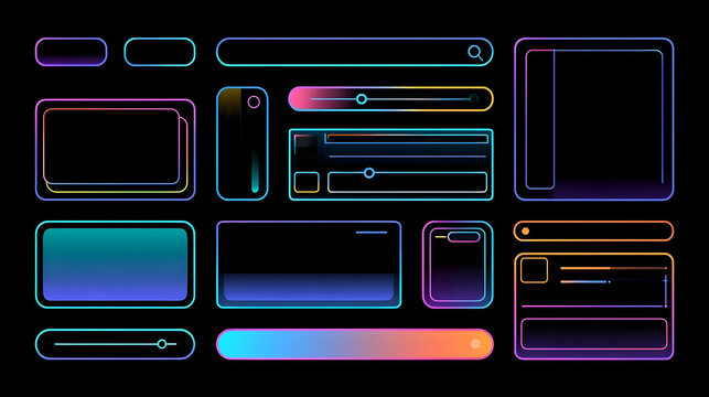 Modern minimalist flat outline web UI elements, buttons, sliders and search bar. Funky retro Y2k line interface panels for mobile app or website, web forms, tabs and dropdown menu templates vector