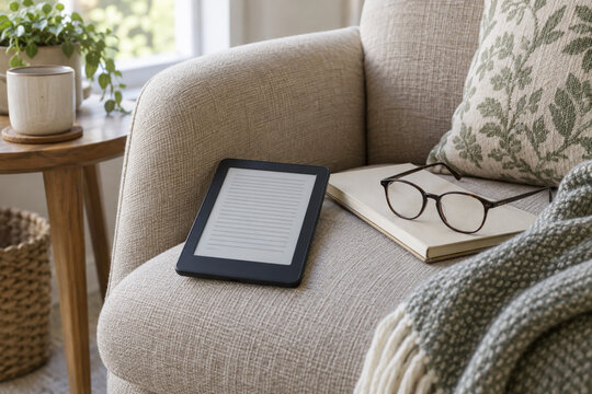 E-reader resting on a linen armchair beside reading glasses and an open paper notebook