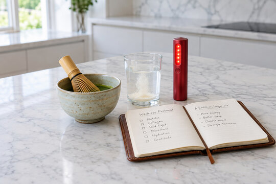 Matcha bowl with collagen drink red light wand and wellness journal on marble counter
