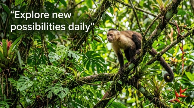 Capuchin Monkey Perched on Tree Branch in Lush Tropical Rainforest, Costa Rica