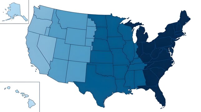 Map of the united states divided into three major time zone regions with blue color gradients