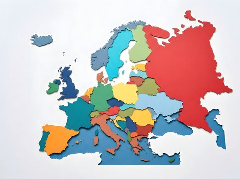 Colorful layered paper craft map of europe isolated on white background