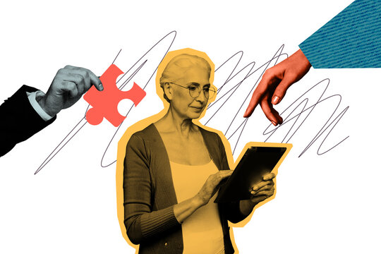 Trend artwork composite sketch image collage of wow face aged woman remote job hold tablet hand show gesture puzzle jigsaw decision