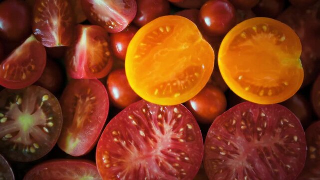Autumn harvest of fresh organic tomatoes - colorful wedges in yellow and various red shades with visible seeds and juice arranged in close-up under smooth camera movement