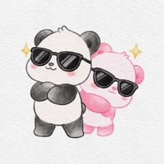Cute Panda Wearing Sunglasses, Kawaii Animal Friends Illustration, Hand Drawn Watercolor Illustration. © Drawingwith