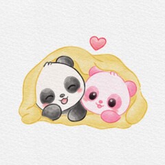 Cute Pink Panda and Black Panda Cuddling Under a Yellow Blanket with Heart, Hand Drawn Watercolor Illustration. © Drawingwith