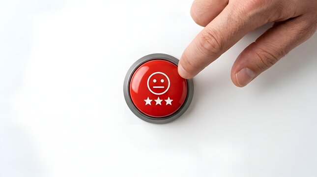 A human finger pressing a red button featuring a neutral face icon and three stars representing customer experience evaluation and feedback service