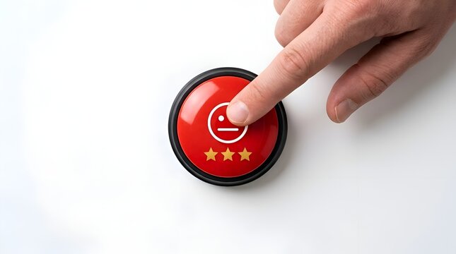Person pressing red feedback button with neutral face icon and 3 stars for average service evaluation or customer satisfaction survey