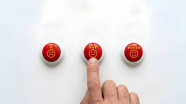 Close up of human hand choosing neutral rating emoji on push button for customer satisfaction survey experience evaluation feedback concept
