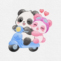 Cute Panda Couple Riding a Blue Scooter with Pink Helmet and Hearts, Hand Drawn Watercolor Illustration. © Drawingwith