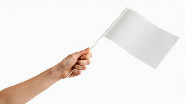 A person waving a small white flag isolated on white background. Surrender and peace concept for global design.