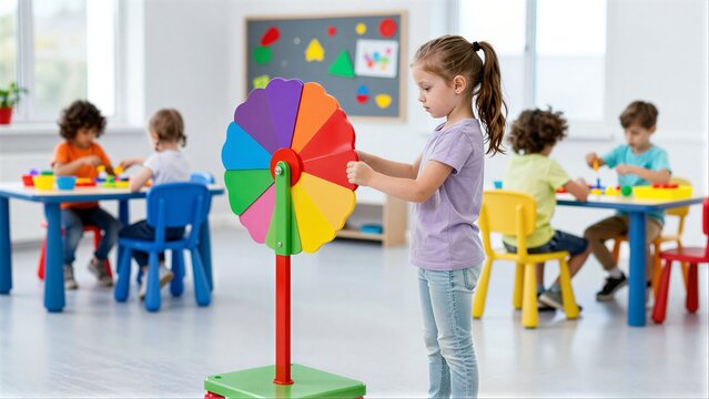 Young girl spins colorful wheel in bright classroom with other children playing.