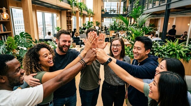 Diverse team celebrates success with high fives in modern office