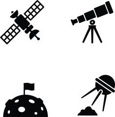 Collection of space exploration vector icons featuring a satellite, astronomical telescope, moon with flag, and a landing probe. © MSTGD